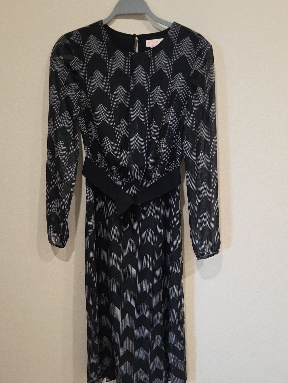 Ted Baker Black and White Chevron Long-Sleeve Midi Dress